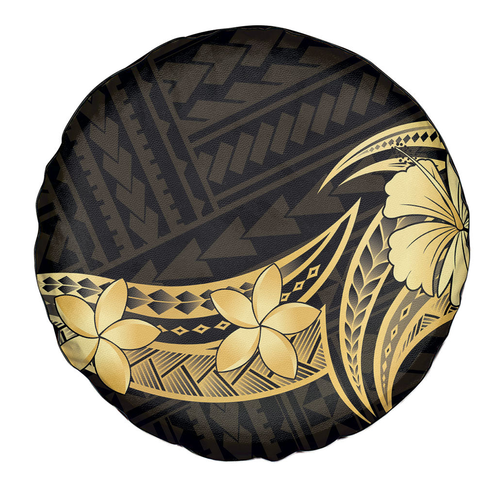 Gold Black Polynesia Hibiscus Plumeria Tattoo Spare Tire Cover