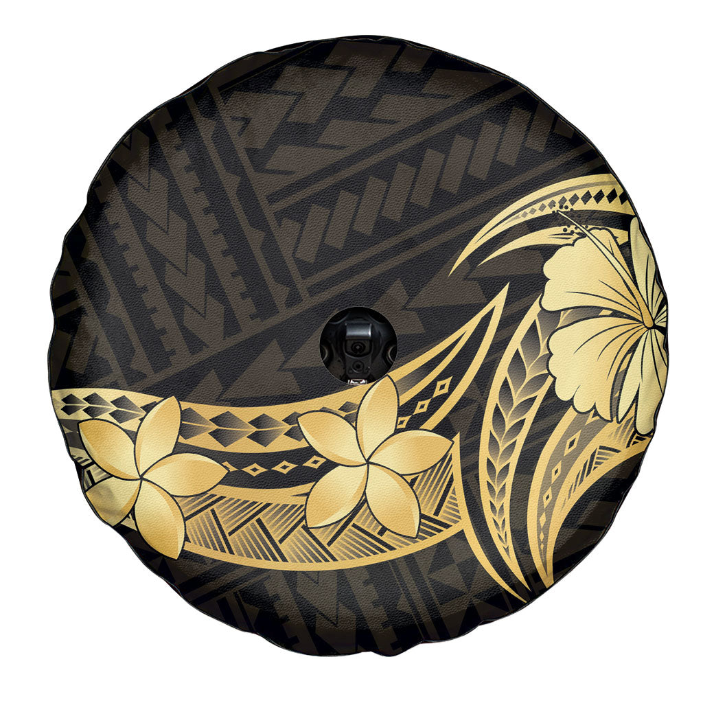 Gold Black Polynesia Hibiscus Plumeria Tattoo Spare Tire Cover