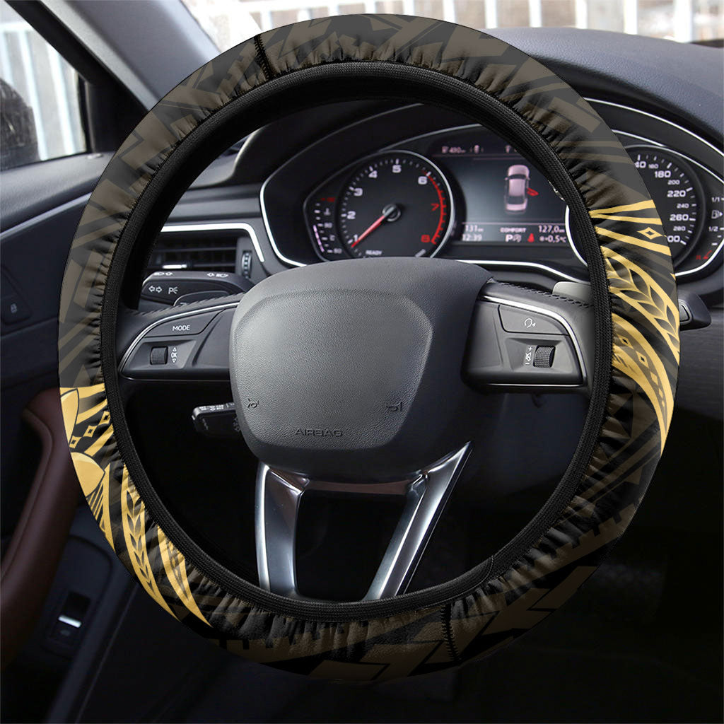 Gold Black Polynesia Hibiscus Plumeria Tattoo Steering Wheel Cover