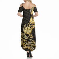 Gold Black Polynesia Hibiscus Plumeria Tattoo Summer Maxi Dress