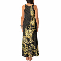 Gold Black Polynesia Hibiscus Plumeria Tattoo Tank Maxi Dress