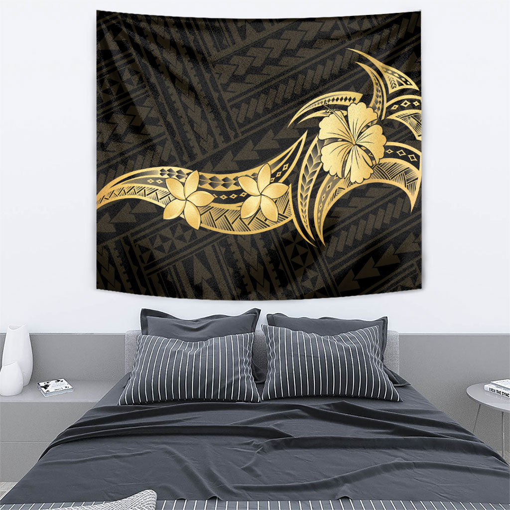 Gold Black Polynesia Hibiscus Plumeria Tattoo Tapestry