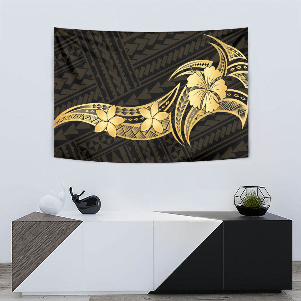 Gold Black Polynesia Hibiscus Plumeria Tattoo Tapestry