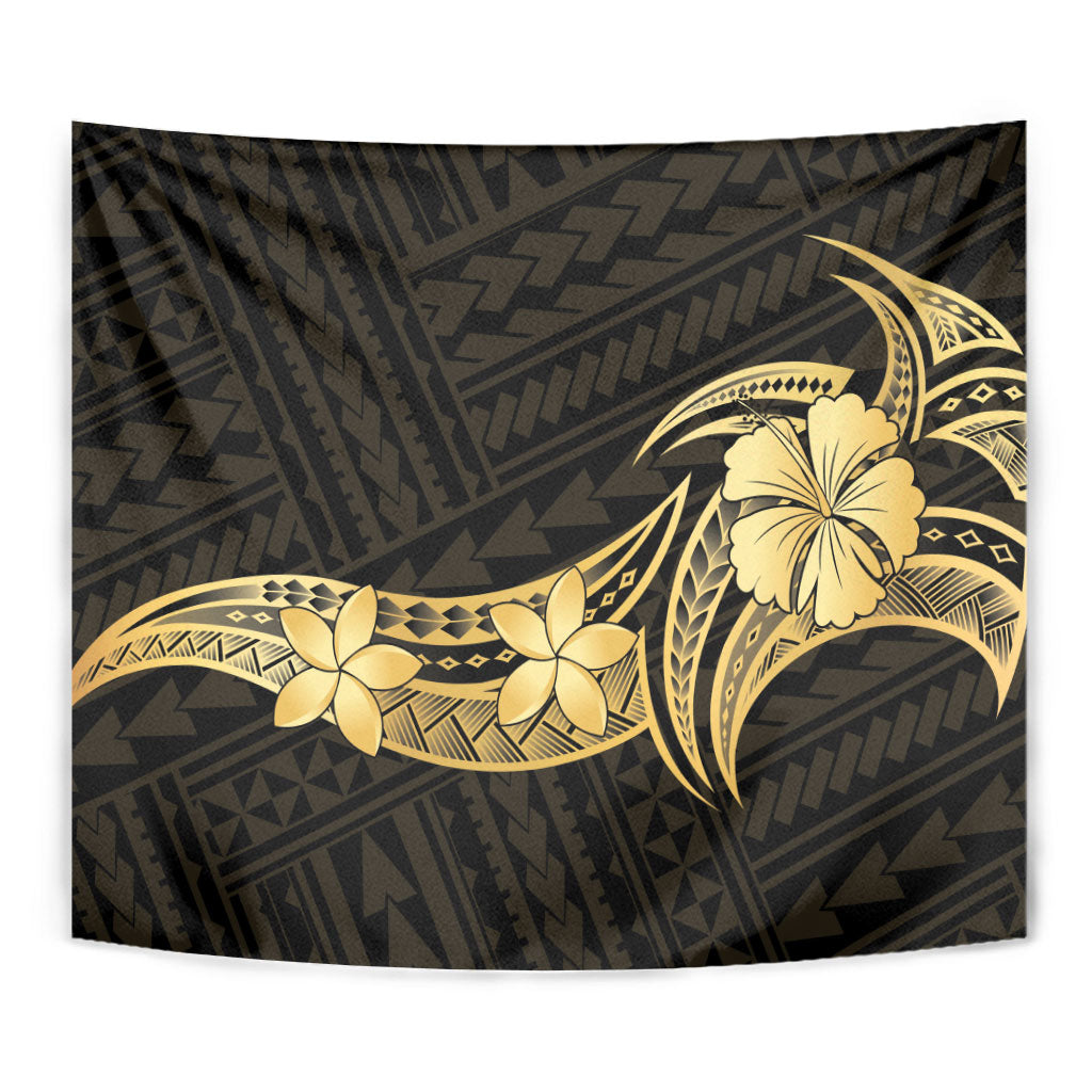 Gold Black Polynesia Hibiscus Plumeria Tattoo Tapestry