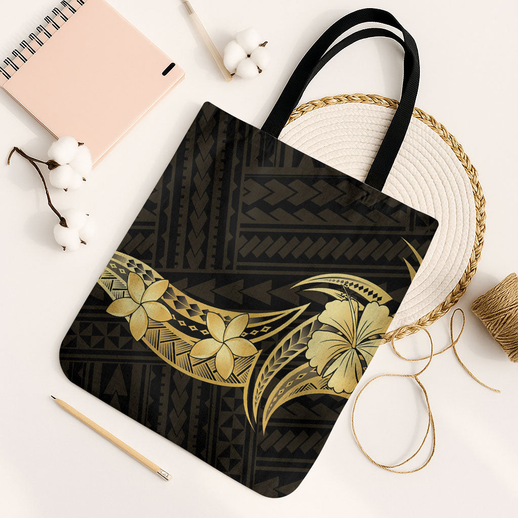 Gold Black Polynesia Hibiscus Plumeria Tattoo Tote Bag