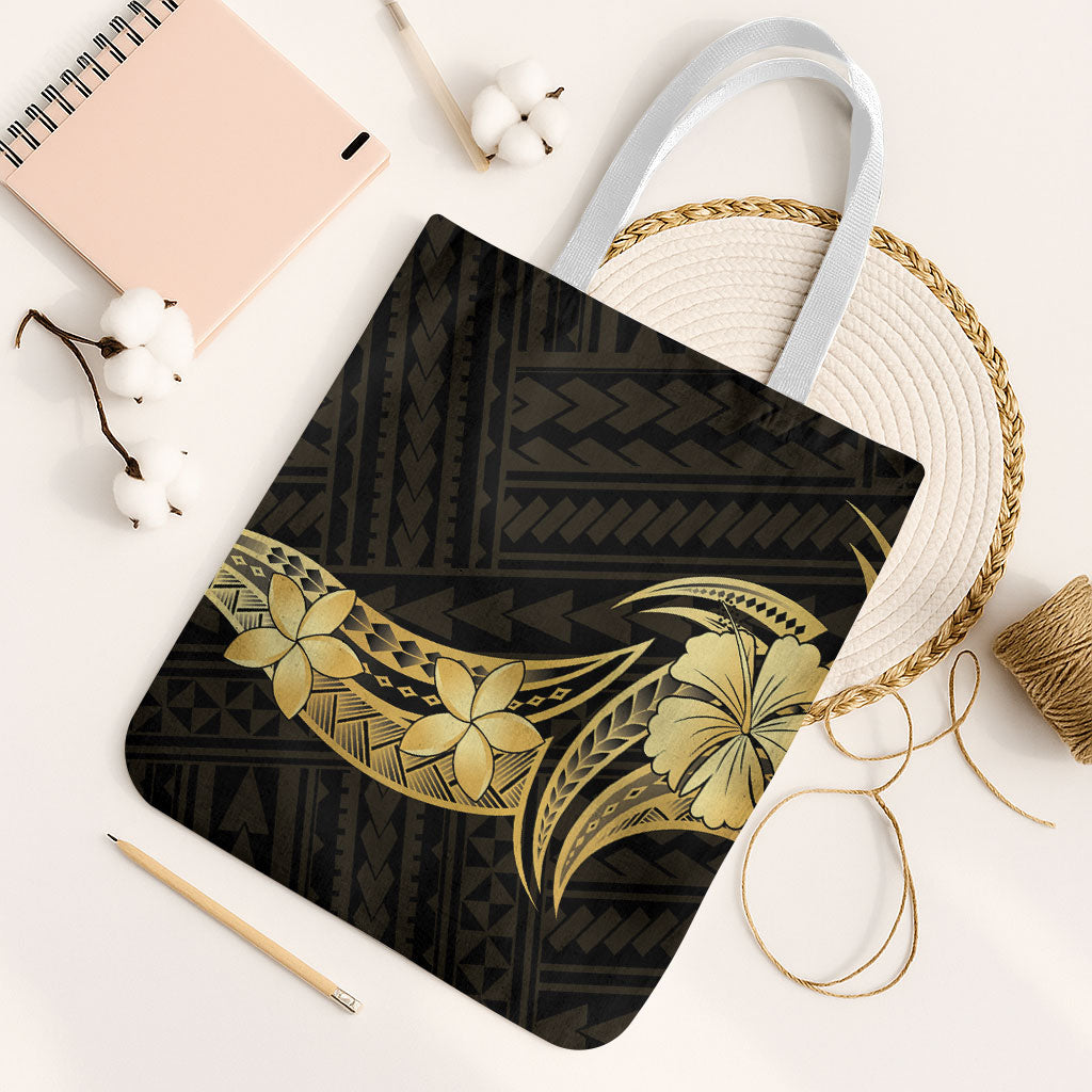 Gold Black Polynesia Hibiscus Plumeria Tattoo Tote Bag
