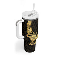 Gold Black Polynesia Hibiscus Plumeria Tattoo Tumbler With Handle