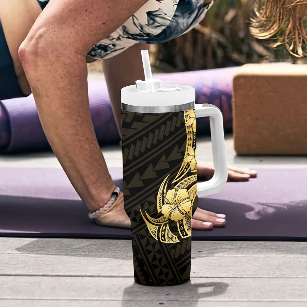 Gold Black Polynesia Hibiscus Plumeria Tattoo Tumbler With Handle