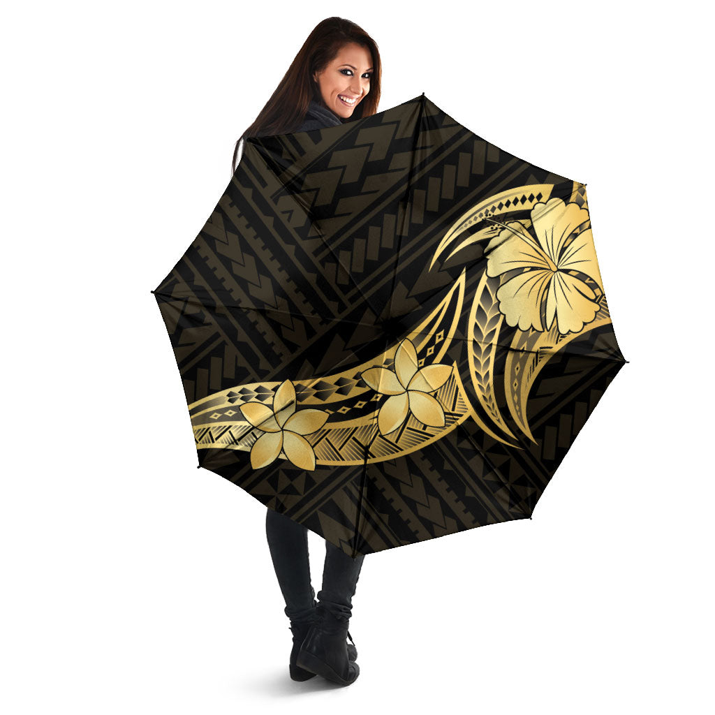 Gold Black Polynesia Hibiscus Plumeria Tattoo Umbrella