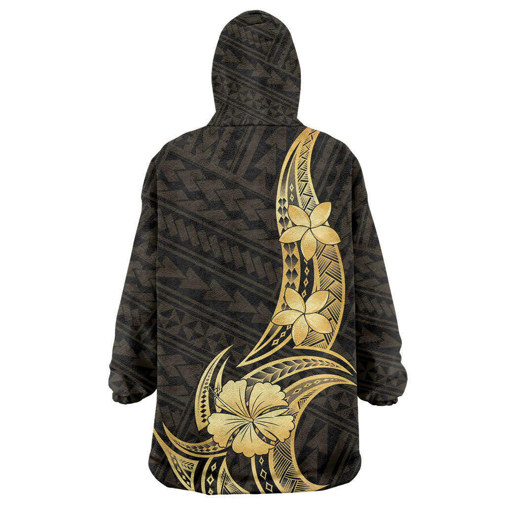 Gold Black Polynesia Hibiscus Plumeria Tattoo Wearable Blanket Hoodie