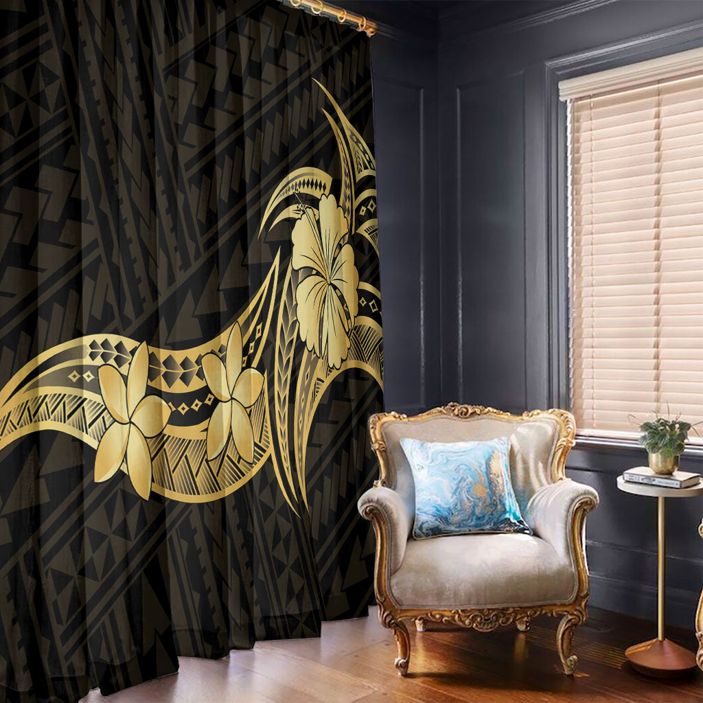 Gold Black Polynesia Hibiscus Plumeria Tattoo Window Curtain