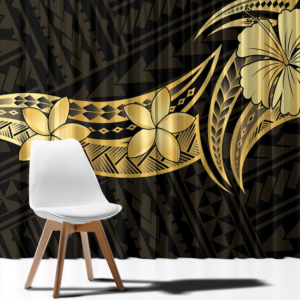 Gold Black Polynesia Hibiscus Plumeria Tattoo Window Curtain