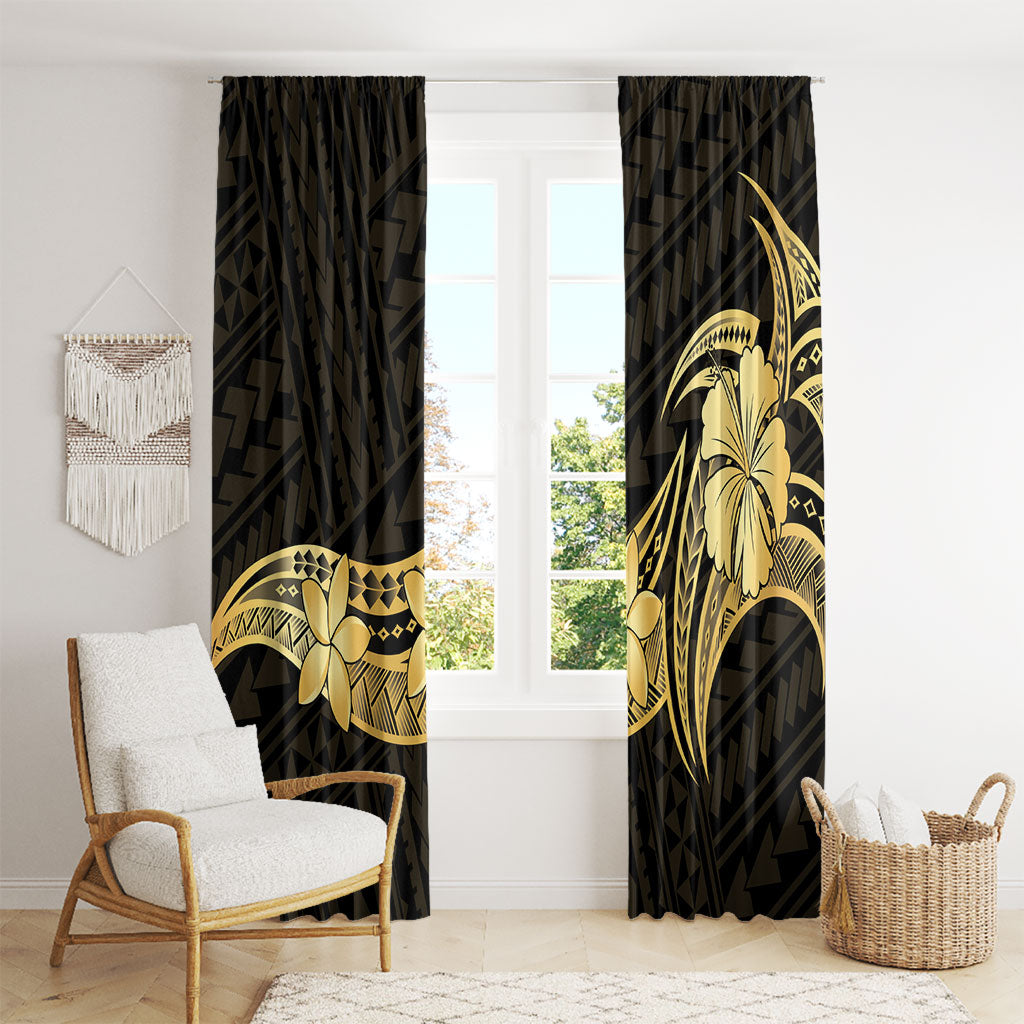 Gold Black Polynesia Hibiscus Plumeria Tattoo Window Curtain