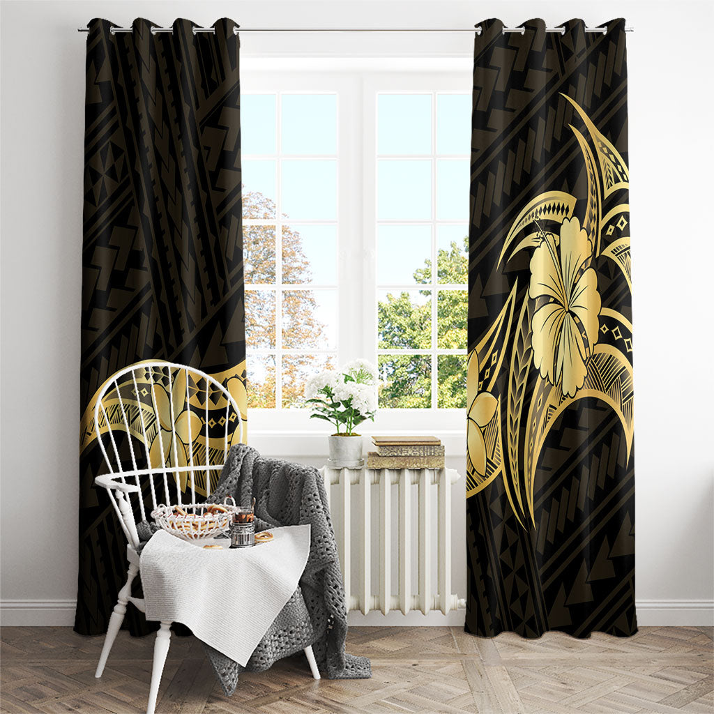 Gold Black Polynesia Hibiscus Plumeria Tattoo Window Curtain