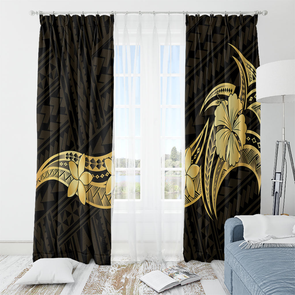 Gold Black Polynesia Hibiscus Plumeria Tattoo Window Curtain