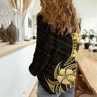 Gold Black Polynesia Hibiscus Plumeria Tattoo Women Casual Shirt