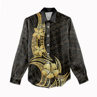 Gold Black Polynesia Hibiscus Plumeria Tattoo Women Casual Shirt