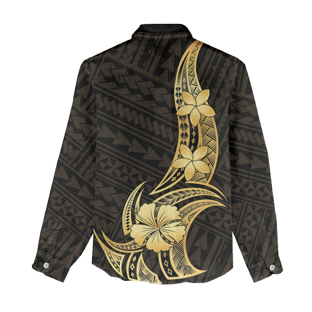 Gold Black Polynesia Hibiscus Plumeria Tattoo Women Casual Shirt