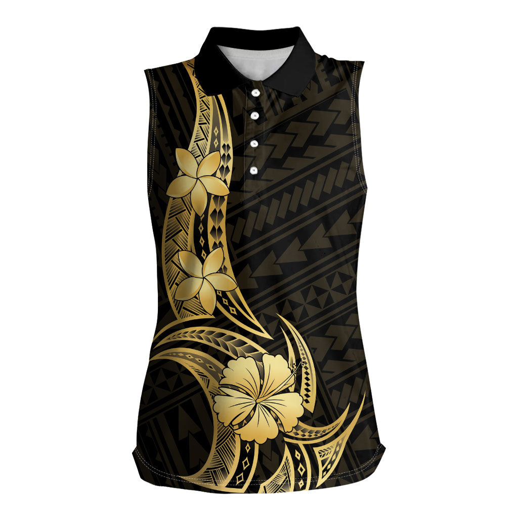 Gold Black Polynesia Hibiscus Plumeria Tattoo Women Sleeveless Polo Shirt