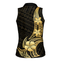 Gold Black Polynesia Hibiscus Plumeria Tattoo Women Sleeveless Polo Shirt
