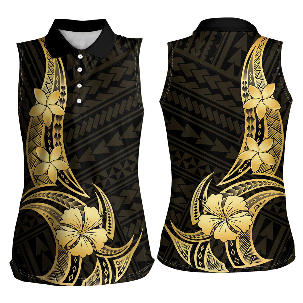 Gold Black Polynesia Hibiscus Plumeria Tattoo Women Sleeveless Polo Shirt