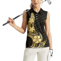 Gold Black Polynesia Hibiscus Plumeria Tattoo Women Sleeveless Polo Shirt