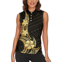 Gold Black Polynesia Hibiscus Plumeria Tattoo Women Sleeveless Polo Shirt