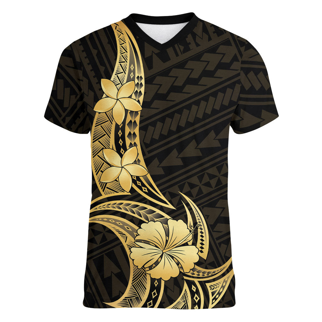 Gold Black Polynesia Hibiscus Plumeria Tattoo Women V-Neck T-Shirt