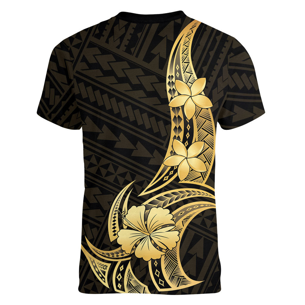Gold Black Polynesia Hibiscus Plumeria Tattoo Women V-Neck T-Shirt