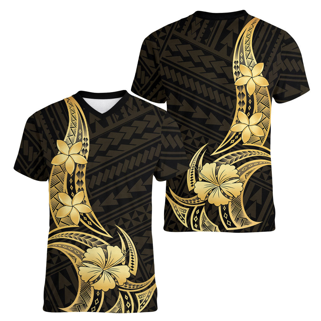Gold Black Polynesia Hibiscus Plumeria Tattoo Women V-Neck T-Shirt