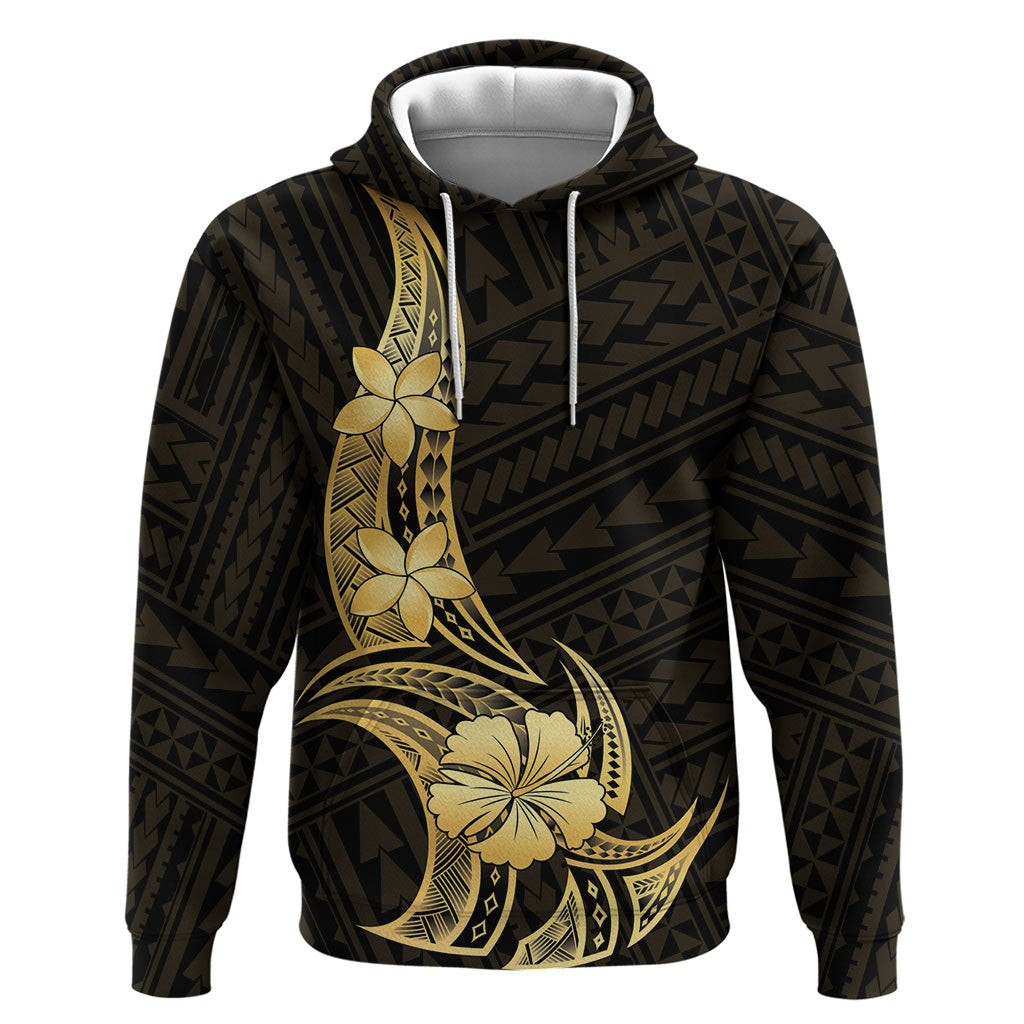 Gold Black Polynesia Hibiscus Plumeria Tattoo Zip Hoodie