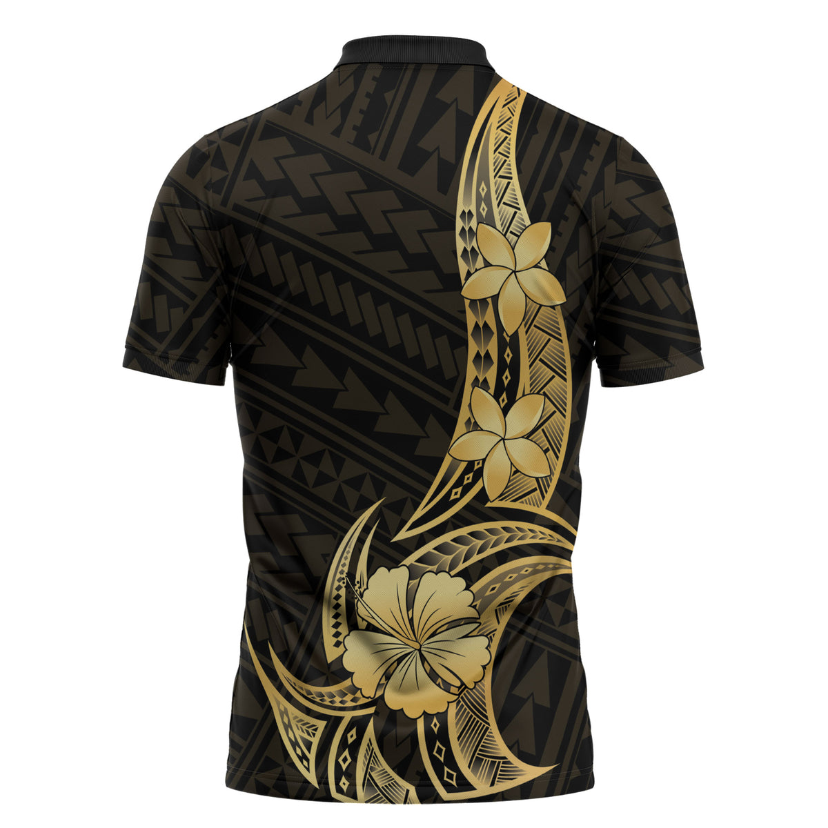 Gold Black Polynesia Hibiscus Plumeria Tattoo Zipper Polo Shirt