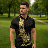 Gold Black Polynesia Hibiscus Plumeria Tattoo Zipper Polo Shirt