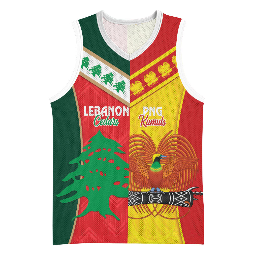 Custom Rugby Papua New Guinea and Lebanon Basketball Jersey PNG Kumuls Cedars Together LT14 Unisex Multicolor - Polynesian Pride