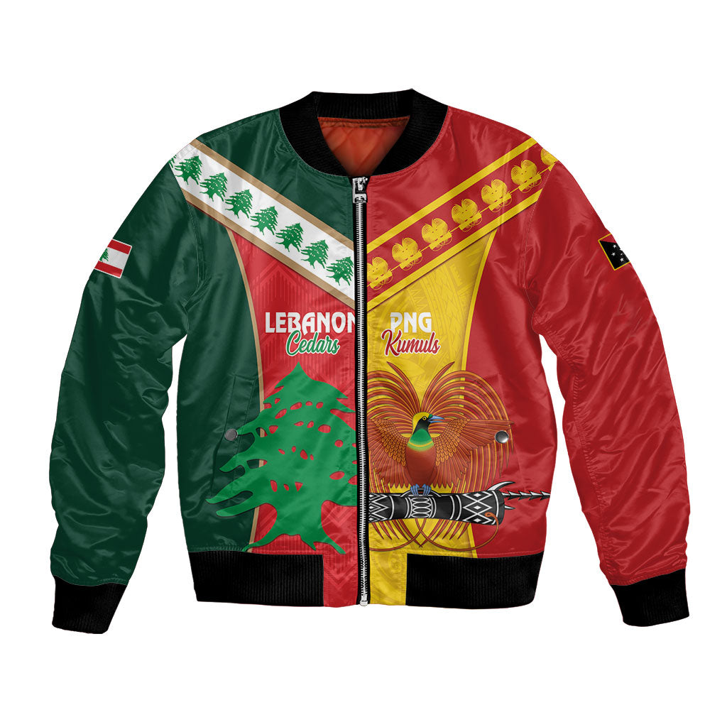 Custom Rugby Papua New Guinea and Lebanon Bomber Jacket PNG Kumuls Cedars Together