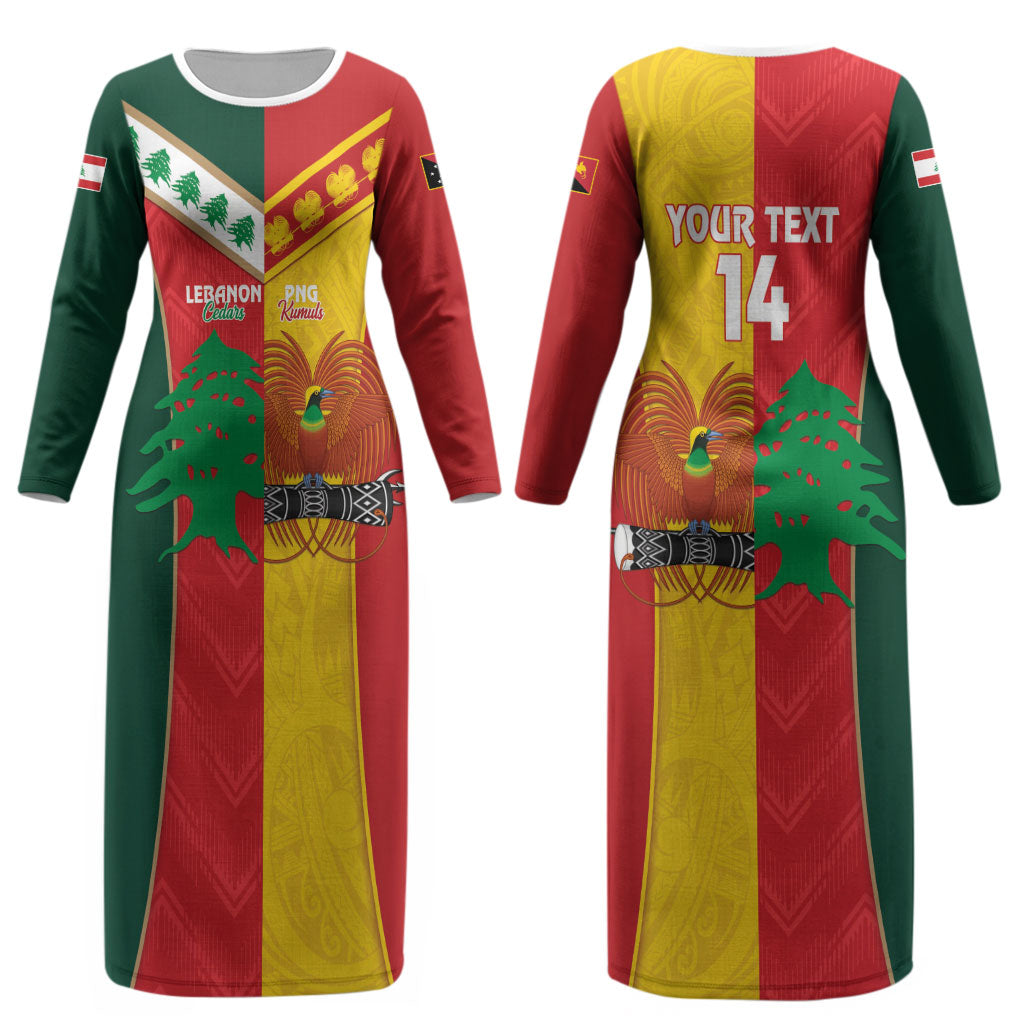 Custom Rugby Papua New Guinea and Lebanon Couples Matching Long Sleeve Bodycon Dress and Long Sleeve Button Shirt PNG Kumuls Cedars Together