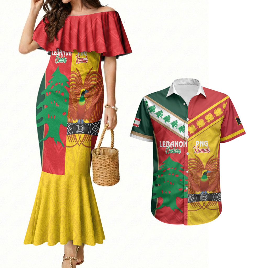 Custom Rugby Papua New Guinea and Lebanon Couples Matching Mermaid Dress and Hawaiian Shirt PNG Kumuls Cedars Together