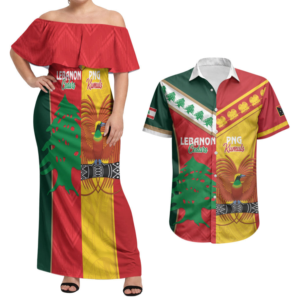 Custom Rugby Papua New Guinea and Lebanon Couples Matching Off Shoulder Maxi Dress and Hawaiian Shirt PNG Kumuls Cedars Together