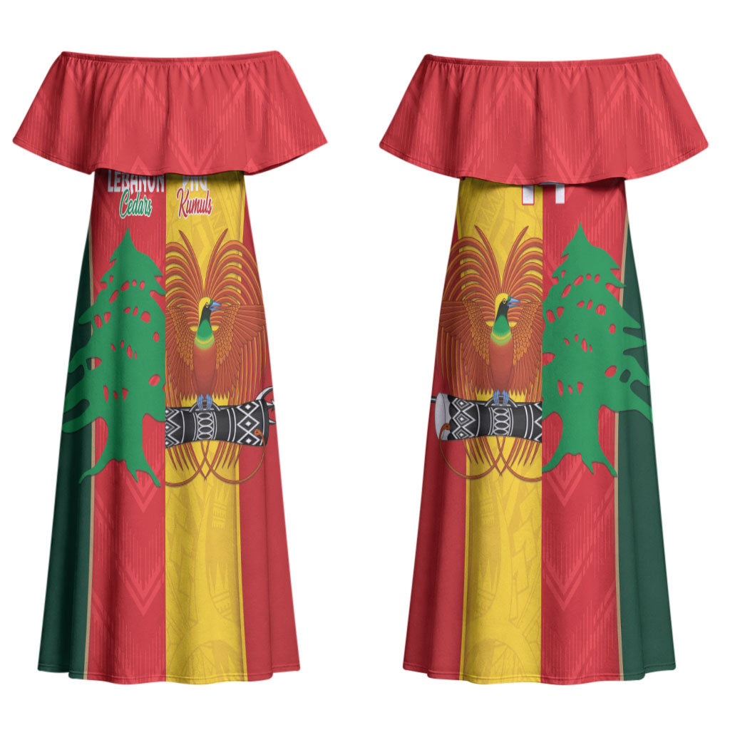 Custom Rugby Papua New Guinea and Lebanon Couples Matching Off Shoulder Maxi Dress and Hawaiian Shirt PNG Kumuls Cedars Together