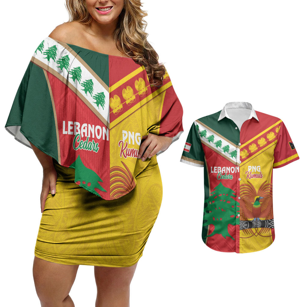 Custom Rugby Papua New Guinea and Lebanon Couples Matching Off Shoulder Short Dress and Hawaiian Shirt PNG Kumuls Cedars Together