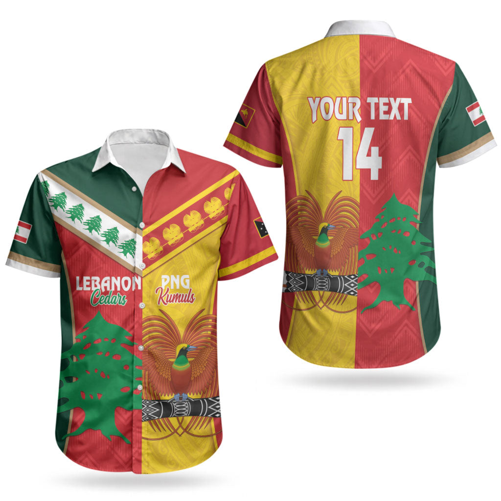Custom Rugby Papua New Guinea and Lebanon Couples Matching Off Shoulder Short Dress and Hawaiian Shirt PNG Kumuls Cedars Together