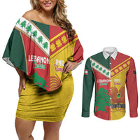 Custom Rugby Papua New Guinea and Lebanon Couples Matching Off Shoulder Short Dress and Long Sleeve Button Shirt PNG Kumuls Cedars Together