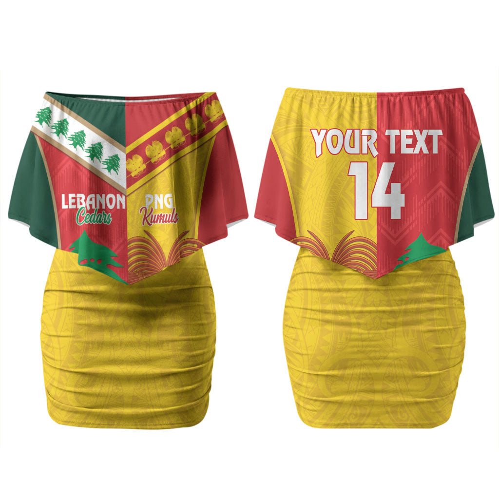 Custom Rugby Papua New Guinea and Lebanon Couples Matching Off Shoulder Short Dress and Long Sleeve Button Shirt PNG Kumuls Cedars Together