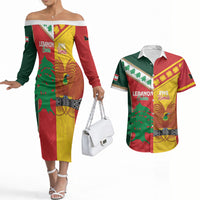 Custom Rugby Papua New Guinea and Lebanon Couples Matching Off The Shoulder Long Sleeve Dress and Hawaiian Shirt PNG Kumuls Cedars Together