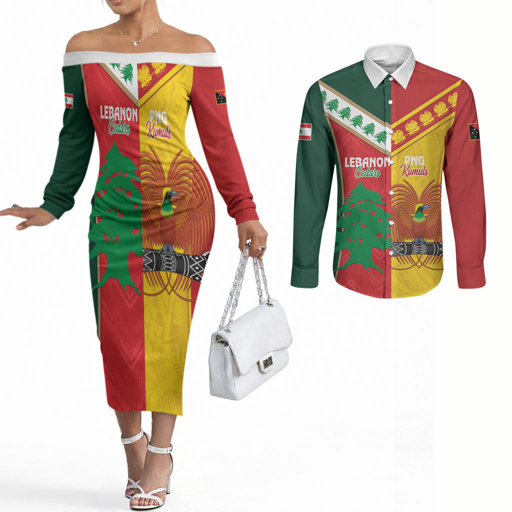Custom Rugby Papua New Guinea and Lebanon Couples Matching Off The Shoulder Long Sleeve Dress and Long Sleeve Button Shirt PNG Kumuls Cedars Together