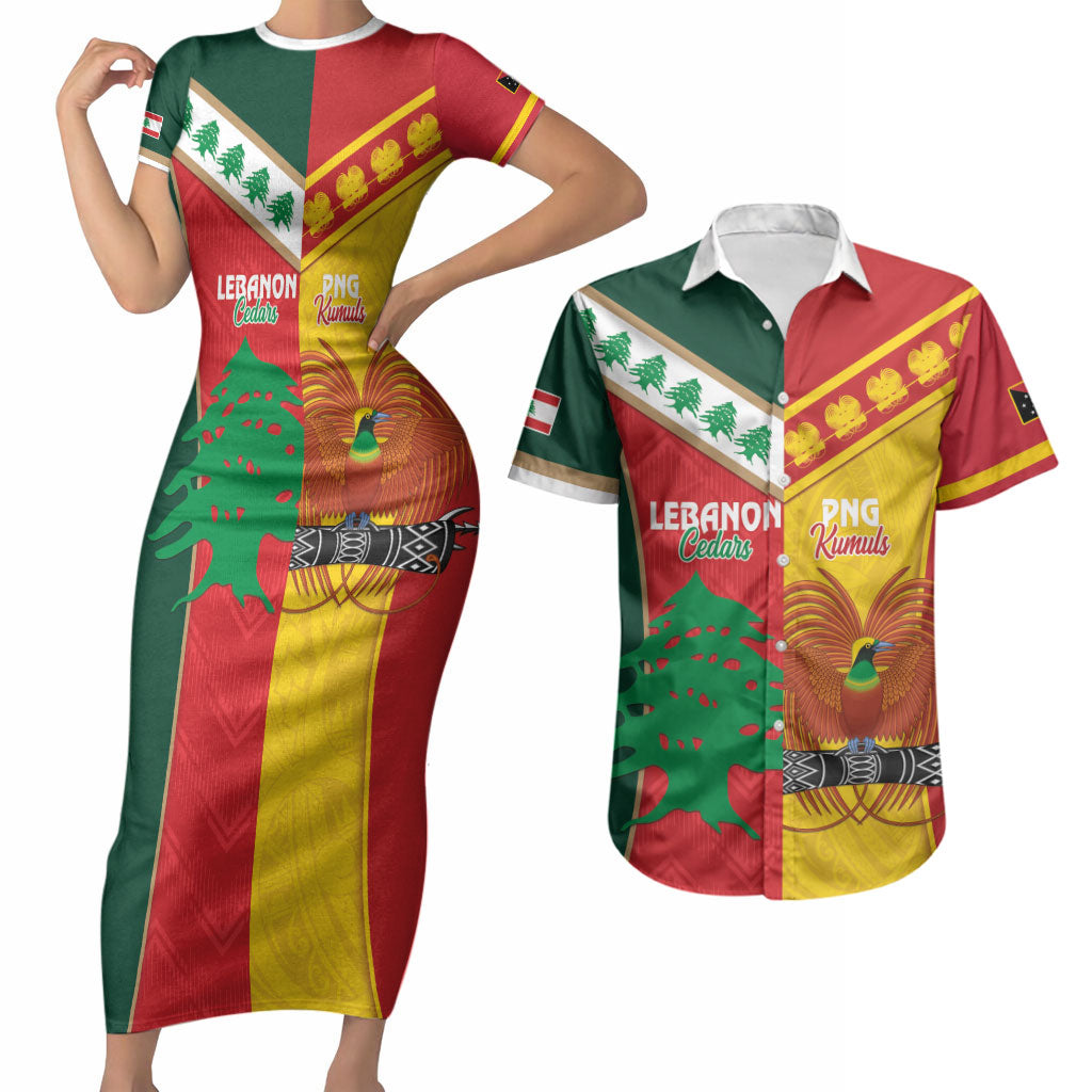 Custom Rugby Papua New Guinea and Lebanon Couples Matching Short Sleeve Bodycon Dress and Hawaiian Shirt PNG Kumuls Cedars Together LT14 Multicolor - Polynesian Pride