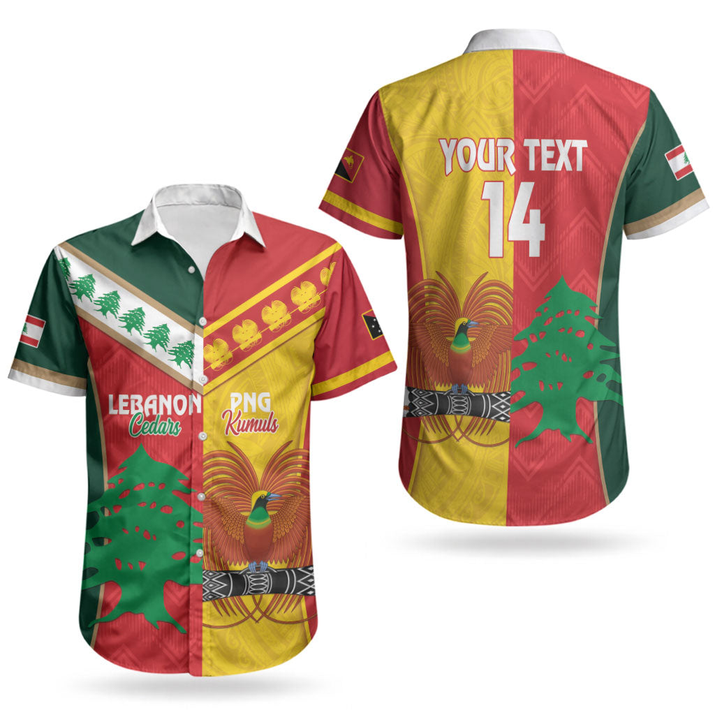 Custom Rugby Papua New Guinea and Lebanon Couples Matching Short Sleeve Bodycon Dress and Hawaiian Shirt PNG Kumuls Cedars Together