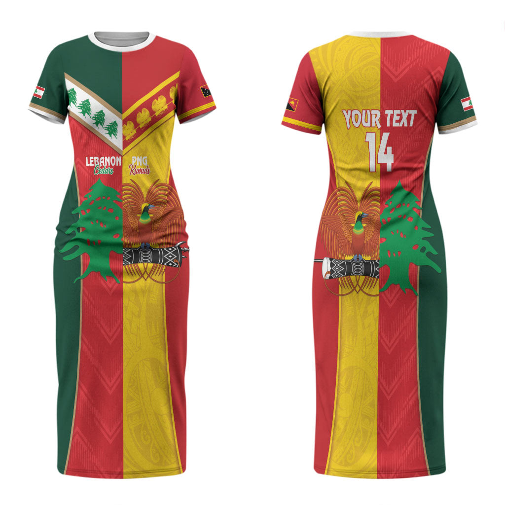 Custom Rugby Papua New Guinea and Lebanon Couples Matching Short Sleeve Bodycon Dress and Long Sleeve Button Shirt PNG Kumuls Cedars Together