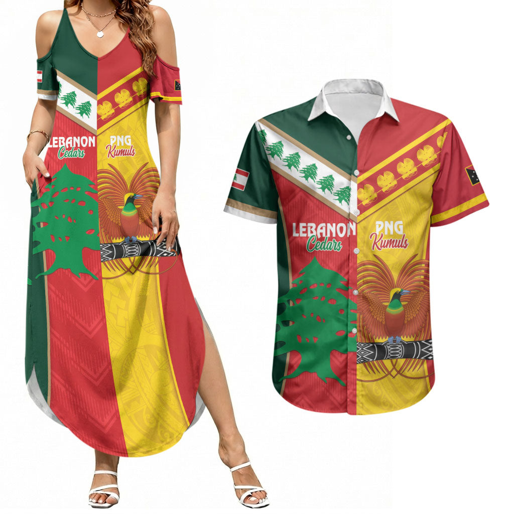 Custom Rugby Papua New Guinea and Lebanon Couples Matching Summer Maxi Dress and Hawaiian Shirt PNG Kumuls Cedars Together LT14 Multicolor - Polynesian Pride
