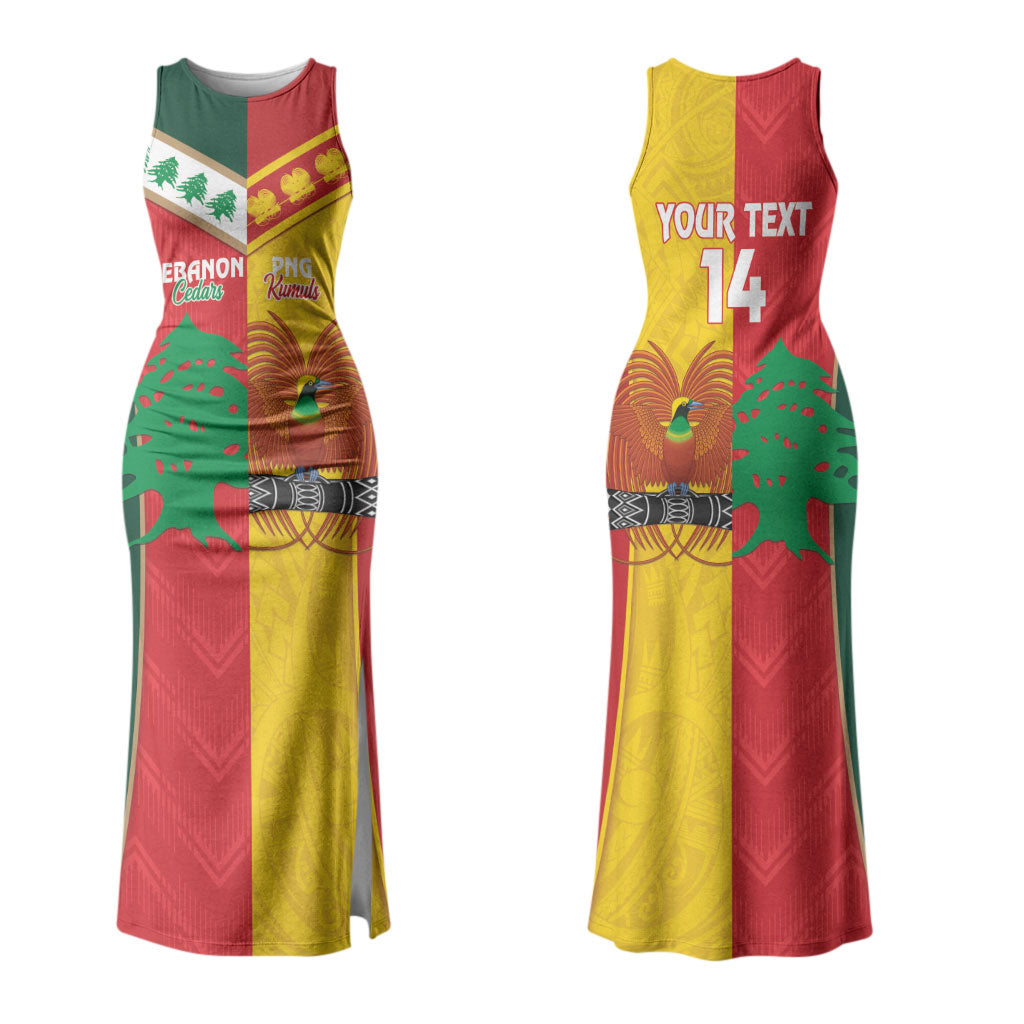 Custom Rugby Papua New Guinea and Lebanon Couples Matching Tank Maxi Dress and Hawaiian Shirt PNG Kumuls Cedars Together